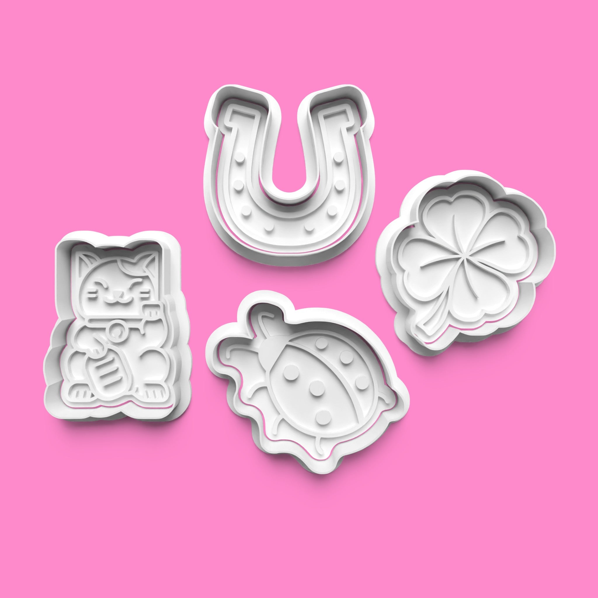 Lucky Charm Cookie Cutter Set – Cat, Clover, Ladybird & Horseshoe (5cm, 7cm, 8cm, 10cm)