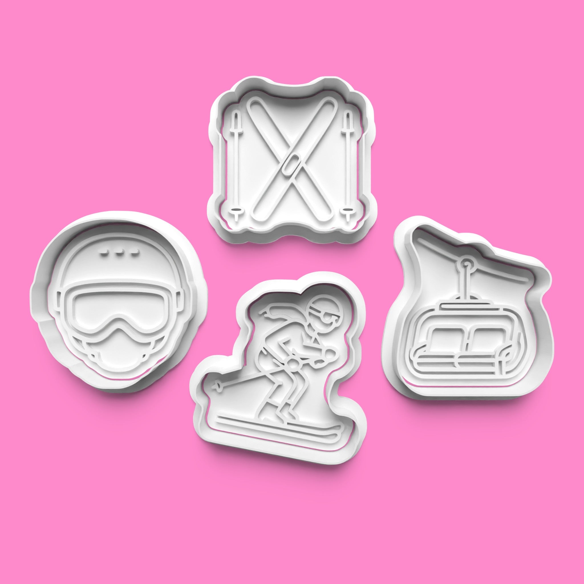 Winter Ski Resort Cookie Cutter & Stamp Set | Skier, Chairlift, Ski Goggles Helmet & Crossed Skis Designs | 7cm - 10cm