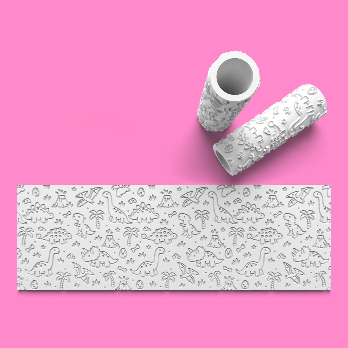 Create dinosaur patterns on fondant and biscuits with our 100 mm textured roller. Choose emboss or outboss designs. Perfect for dinosaur birthday baking.