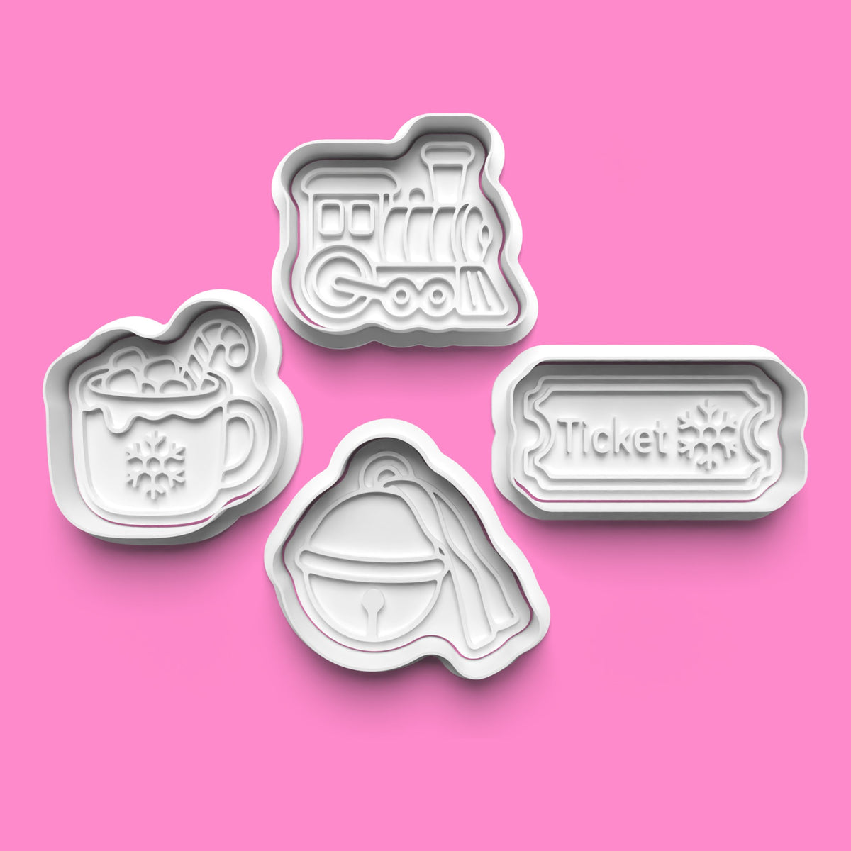 Christmas Express Train cookie cutter and embosser set featuring four 3D printed designs: steam train, festive hot chocolate mug, Christmas bell and snowflake train ticket.