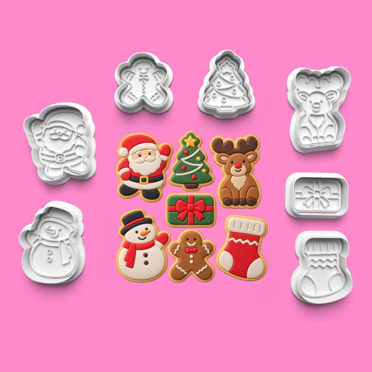 Classic Christmas 7-piece cookie cutter and embosser set featuring Santa Claus, Christmas tree, reindeer, snowman, present, gingerbread man and stocking in white 3D printed PLA.