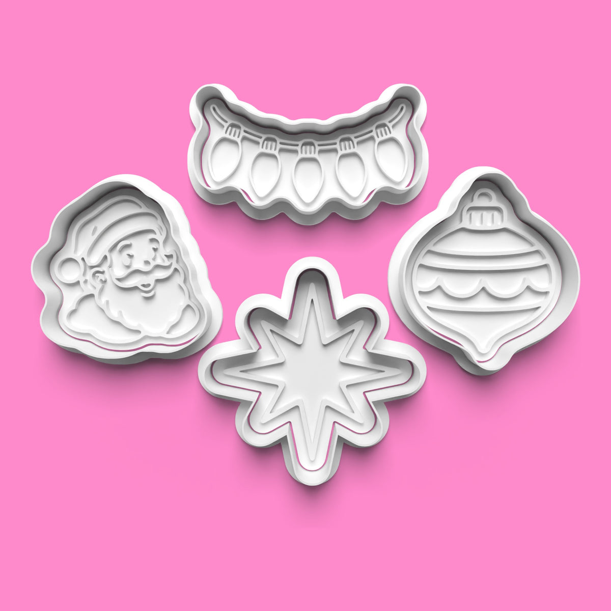 Christmas Sparkle 4-piece cookie cutter and embosser set featuring Santa face, decorative Christmas bauble, eight-pointed star and string of Christmas fairy lights in white 3D printed PLA.