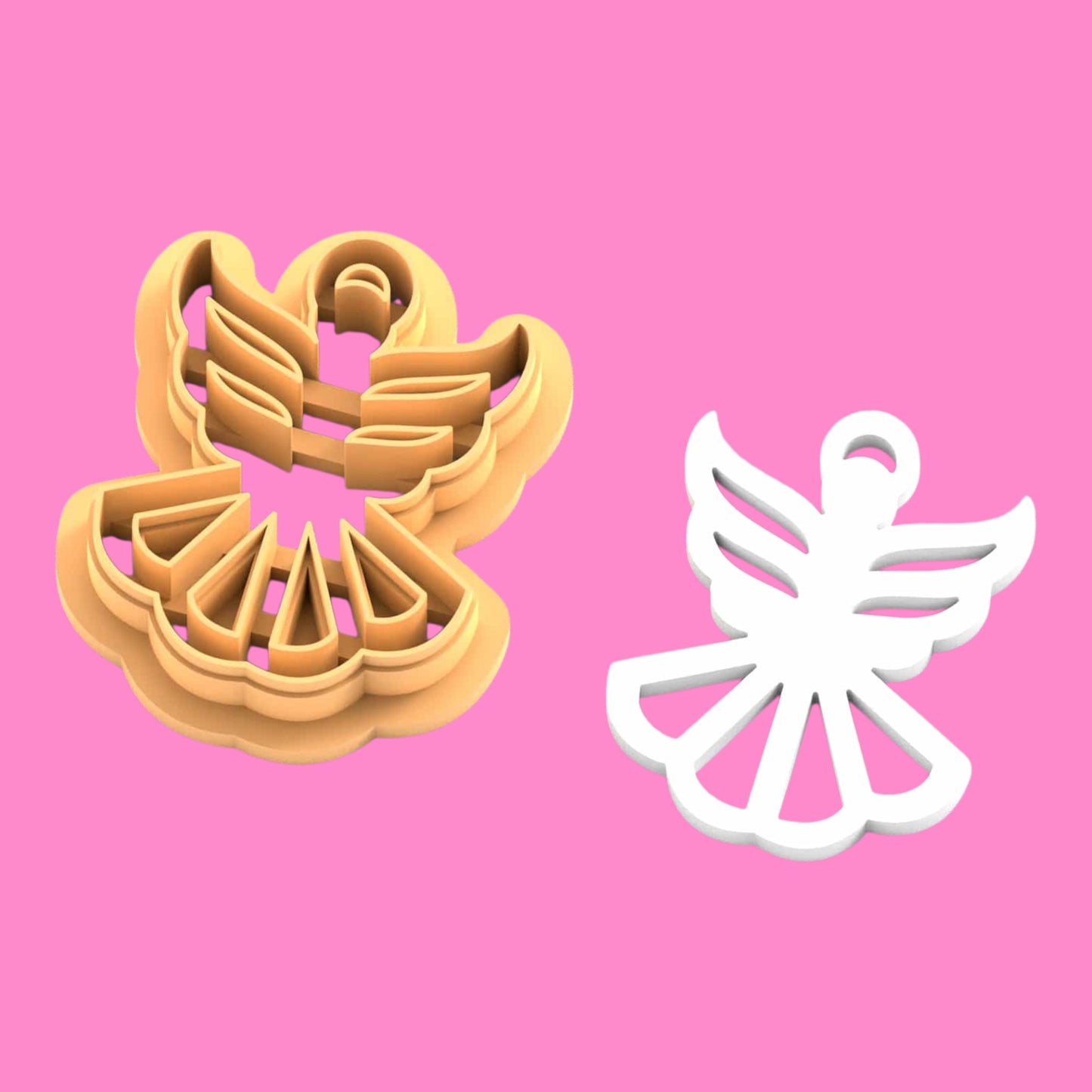 Polymer Clay cutter shaped like a fairy on a pink background