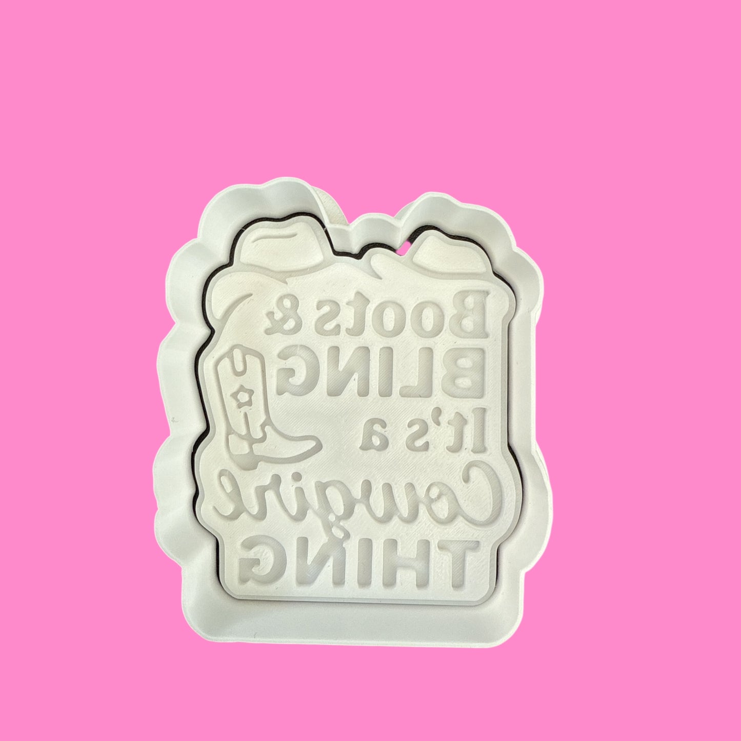 “Boots and Bling, It’s a Cowgirl Thing” Cookie Cutter & Outboss Stamp – Western Baking Design