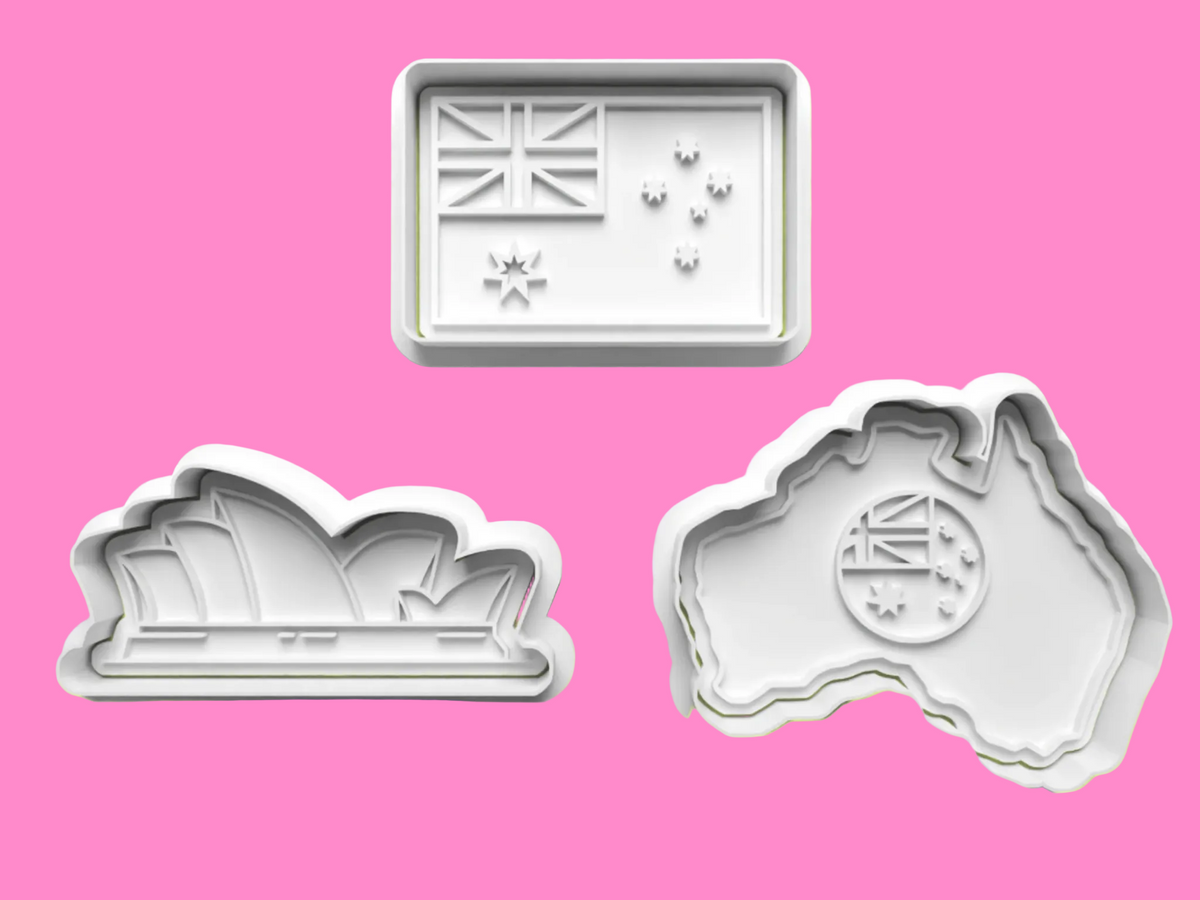 Australia-Themed Embosser and Cookie Cutter Set – Map, Flag, Sydney Opera House Designs.