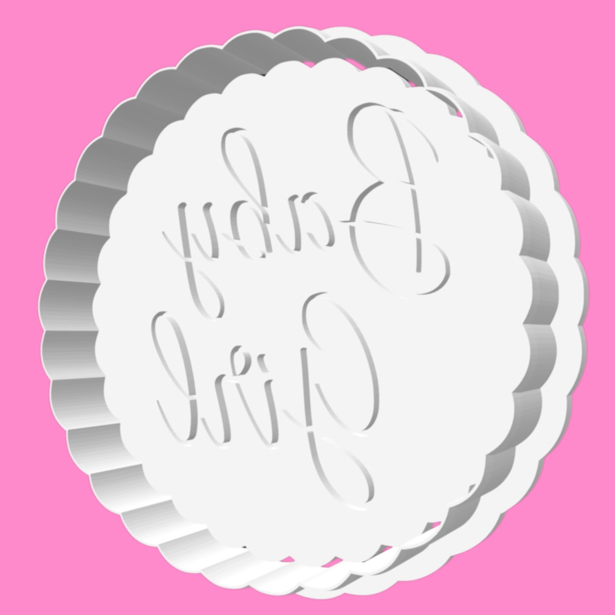 "Baby Girl" Elegant Script Cookie Cutter & Stamp | Scalloped Round Baby Shower Biscuit Cutter | 8cm (Emboss or Outboss)