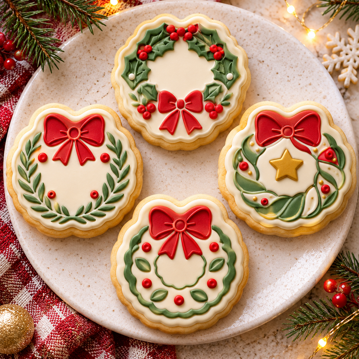 AI-generated example of four Christmas wreath cookies decorated with red bows, green holly, berries and gold star details on white fondant.