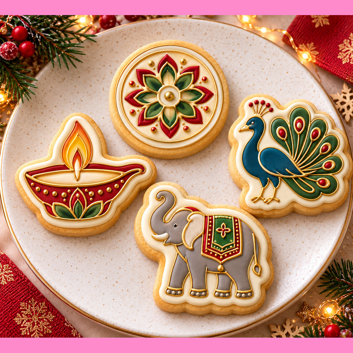 AI-generated decorated Diwali sugar cookies featuring a diya lamp, mandala, peacock and elephant with colourful icing and gold detailing.