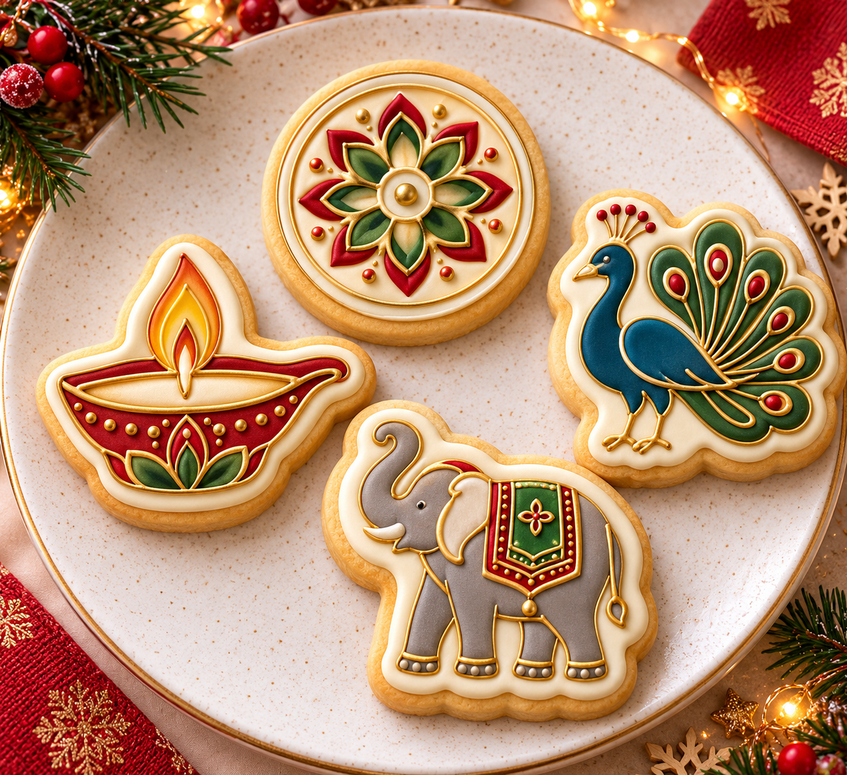 AI-generated decorated Diwali sugar cookies featuring a diya lamp, mandala, peacock and elephant with colourful icing and gold detailing.
