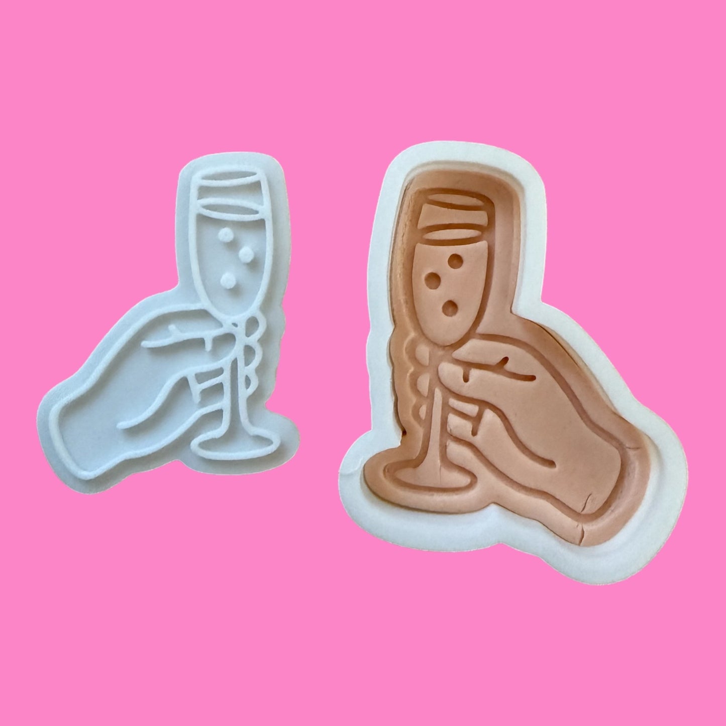 Hand Holding Champagne Glass Cookie Cutter & Embosser – Elegant Celebration Design