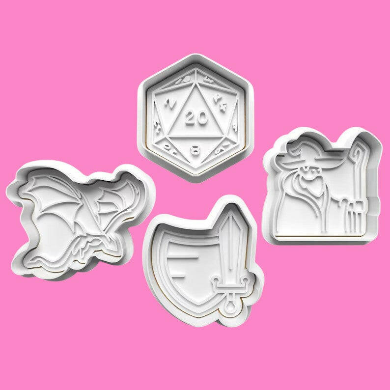 Dungeons and Dragons complete Cookie Cutters and Embosser Set. Handmade gift item..