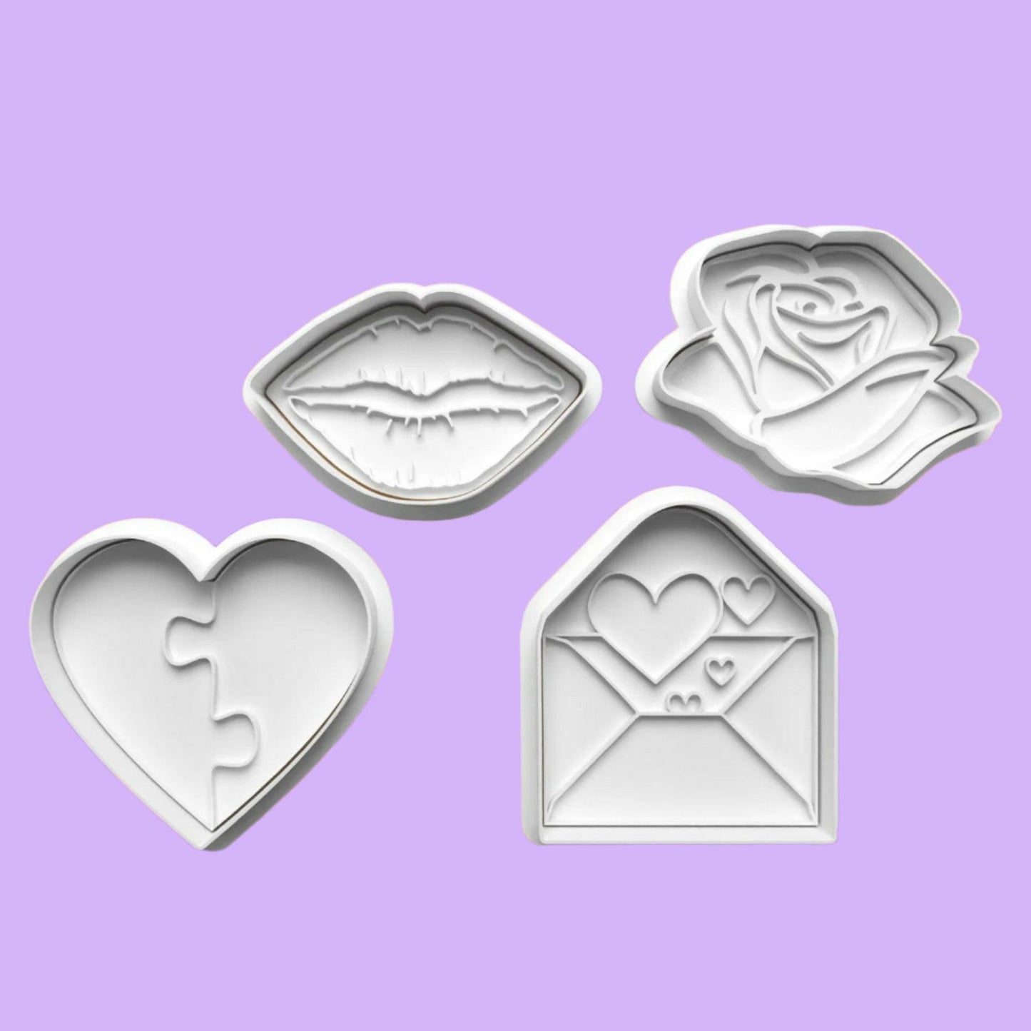 Valentines Day Say you Love them with this set of 4 Kiss Heart Rose and Lip Cookie Cutter and Embosser Set..