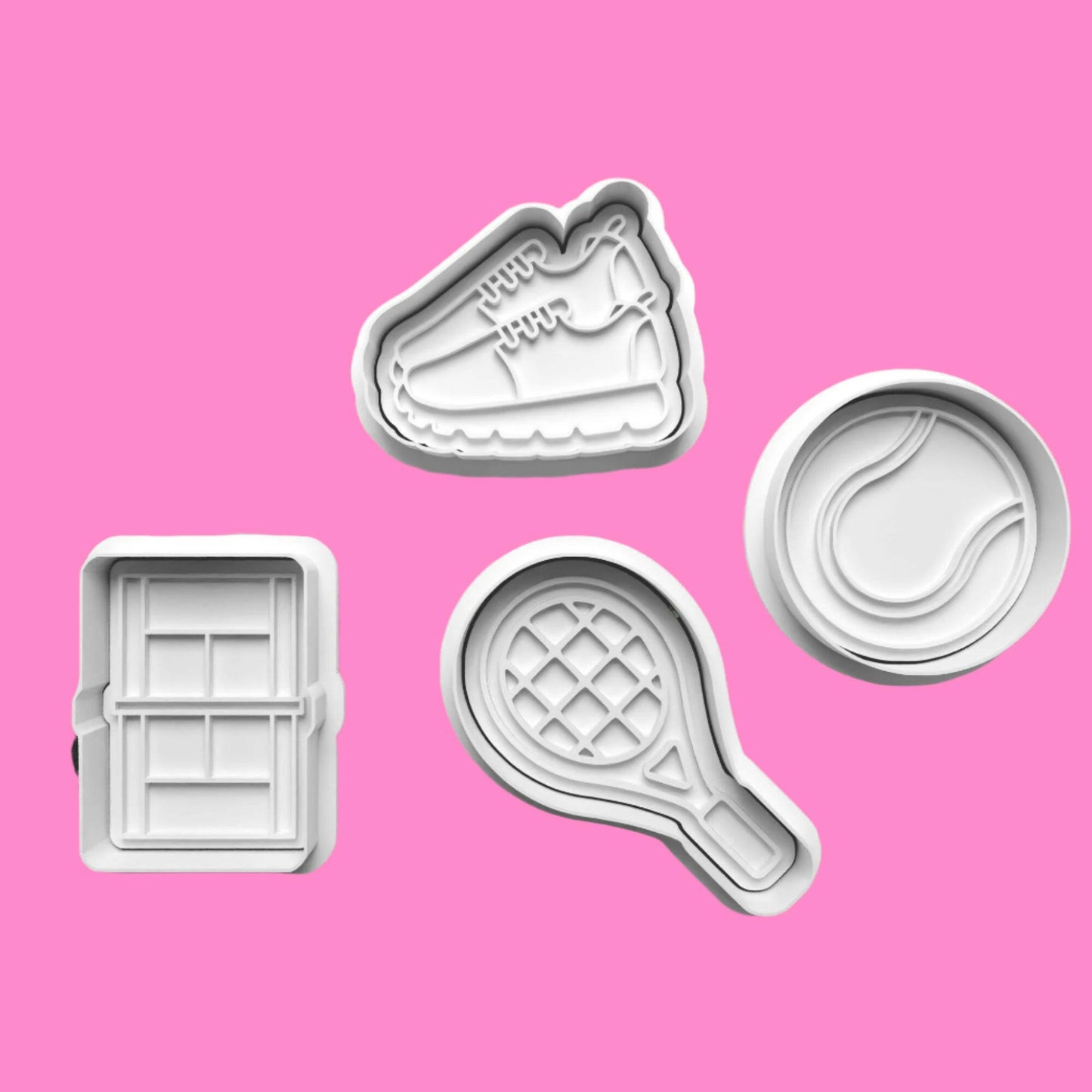 Tennis Racket Court Ball Cookie Cutter and Embosser Set of 4 in 7cm or 10cm sizes..