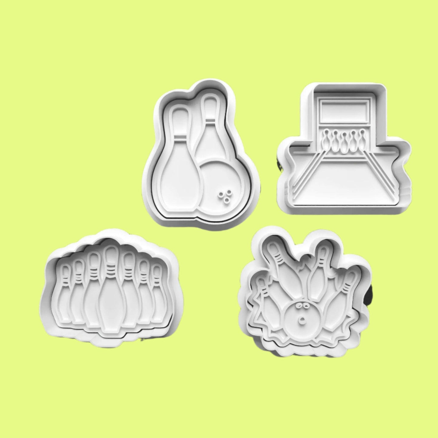 Ten Pin Bowling Cookie Cutter and Embosser Set of 4 in 7cm or 10cm sizes..