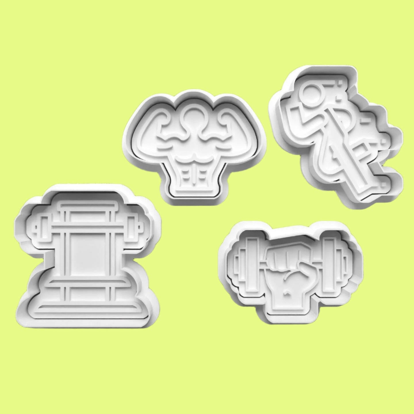 Gym Weightlifting Cookie Cutter and Embosser Stamp Set of 4 in 7cm or 10cm sizes..