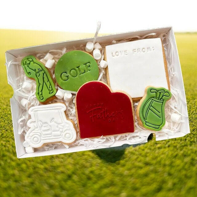 Golf-Themed Embosser and Cookie Cutter Set – Ball on Tee, Golf Cart, Golf Bag with Clubs, and Golfer Designs.