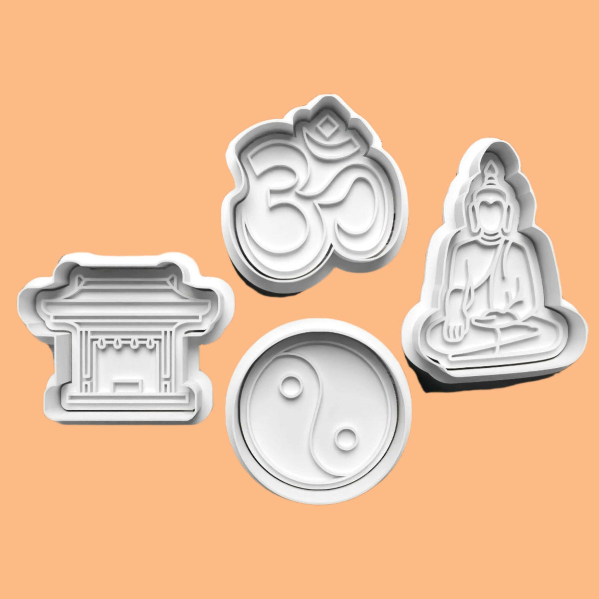 Buddhism-Inspired Embosser and Cookie Cutter Set – 4-Piece Spiritual Baking Tools.