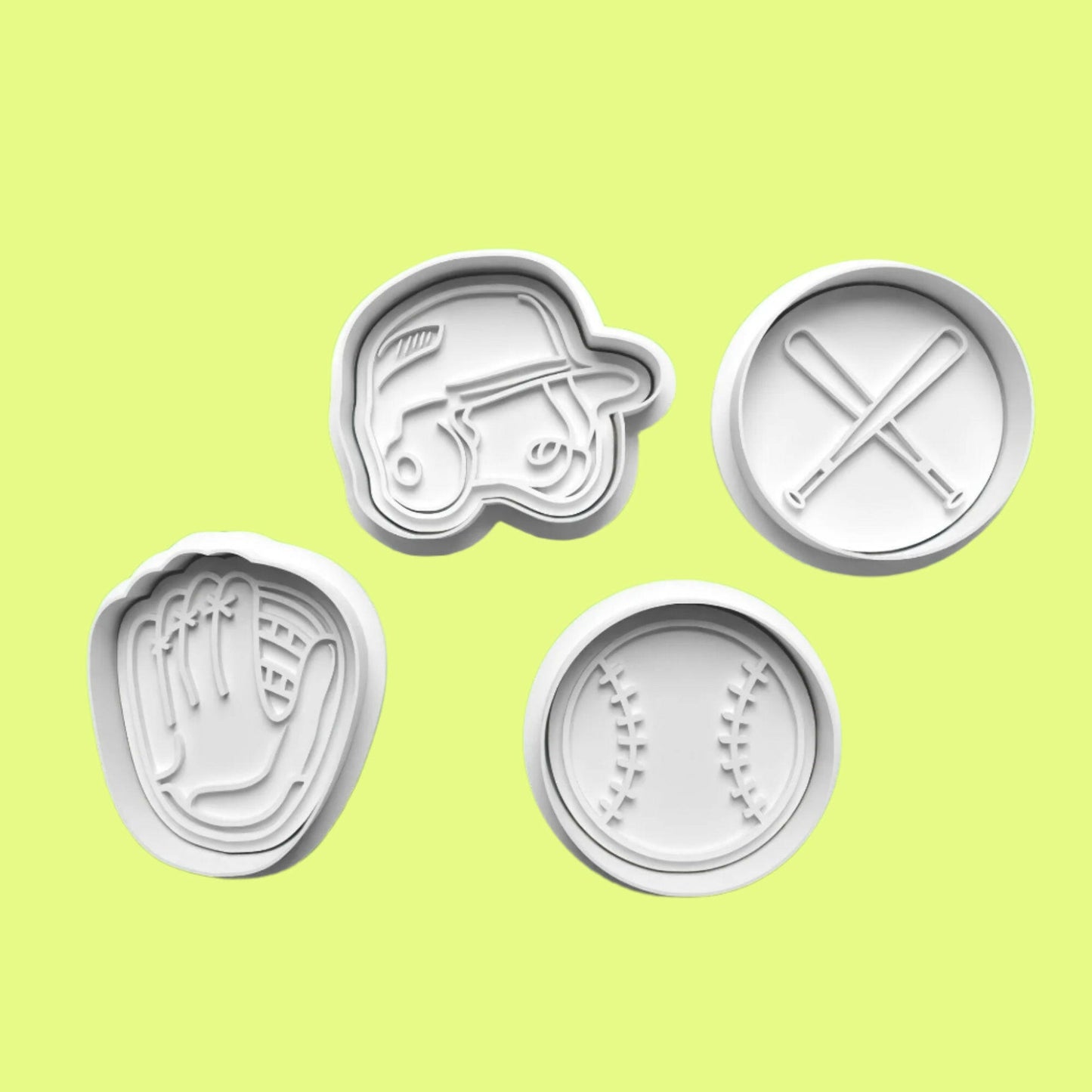 Baseball-Themed Embosser and Cookie Cutter Set – Ball, Cap, Mitt, and Bat Designs.