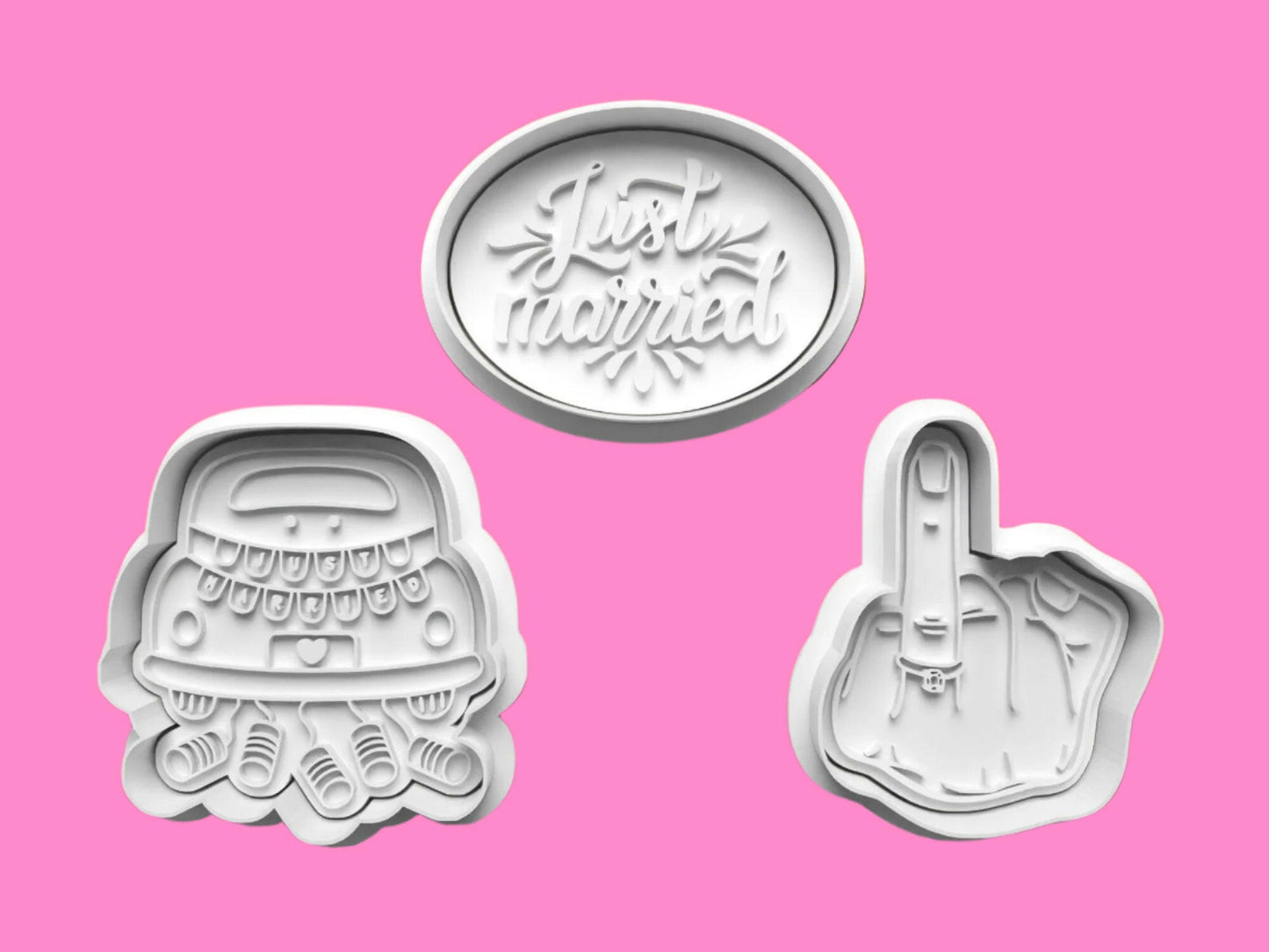 Just Married Cookie Cutter and Embosser Set. Handmade gift item..