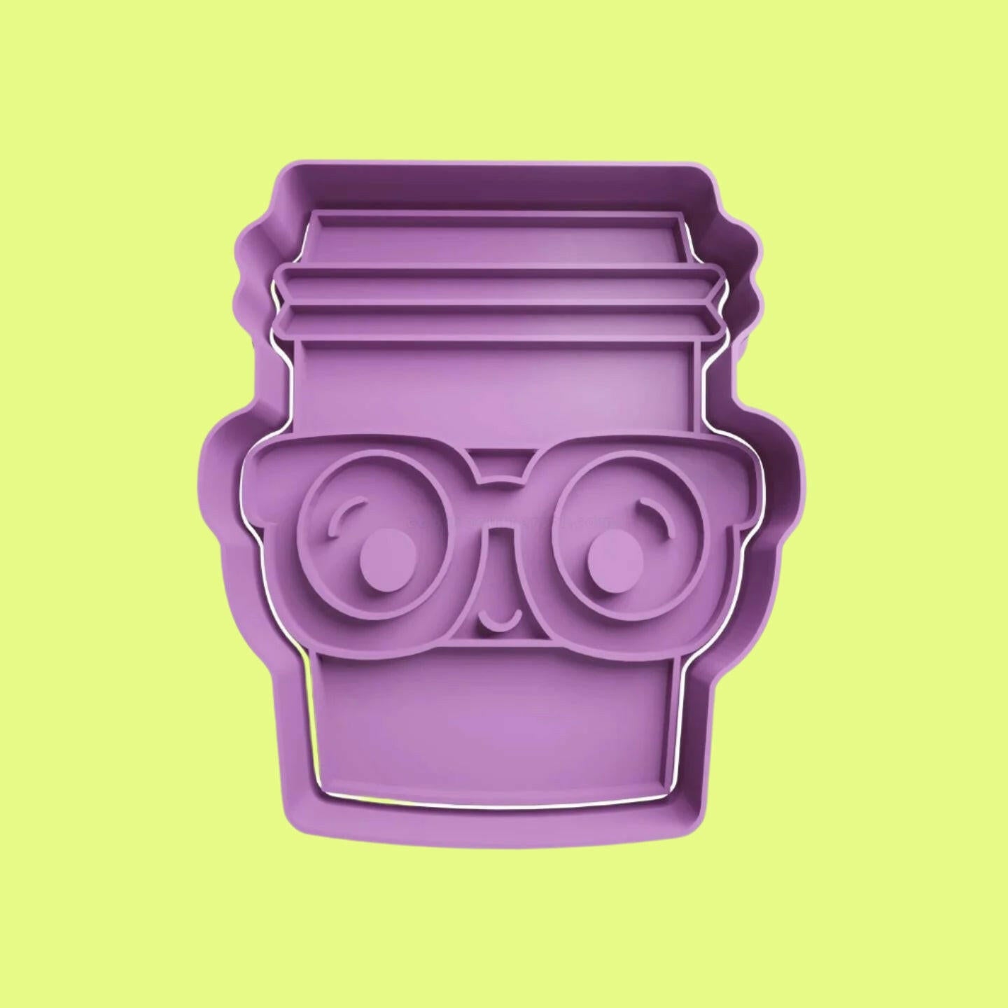 Cute Coffee Cup with Glasses Cookie Cutter and Embosser Set – Adorable Barista-Inspired Baking Tool.