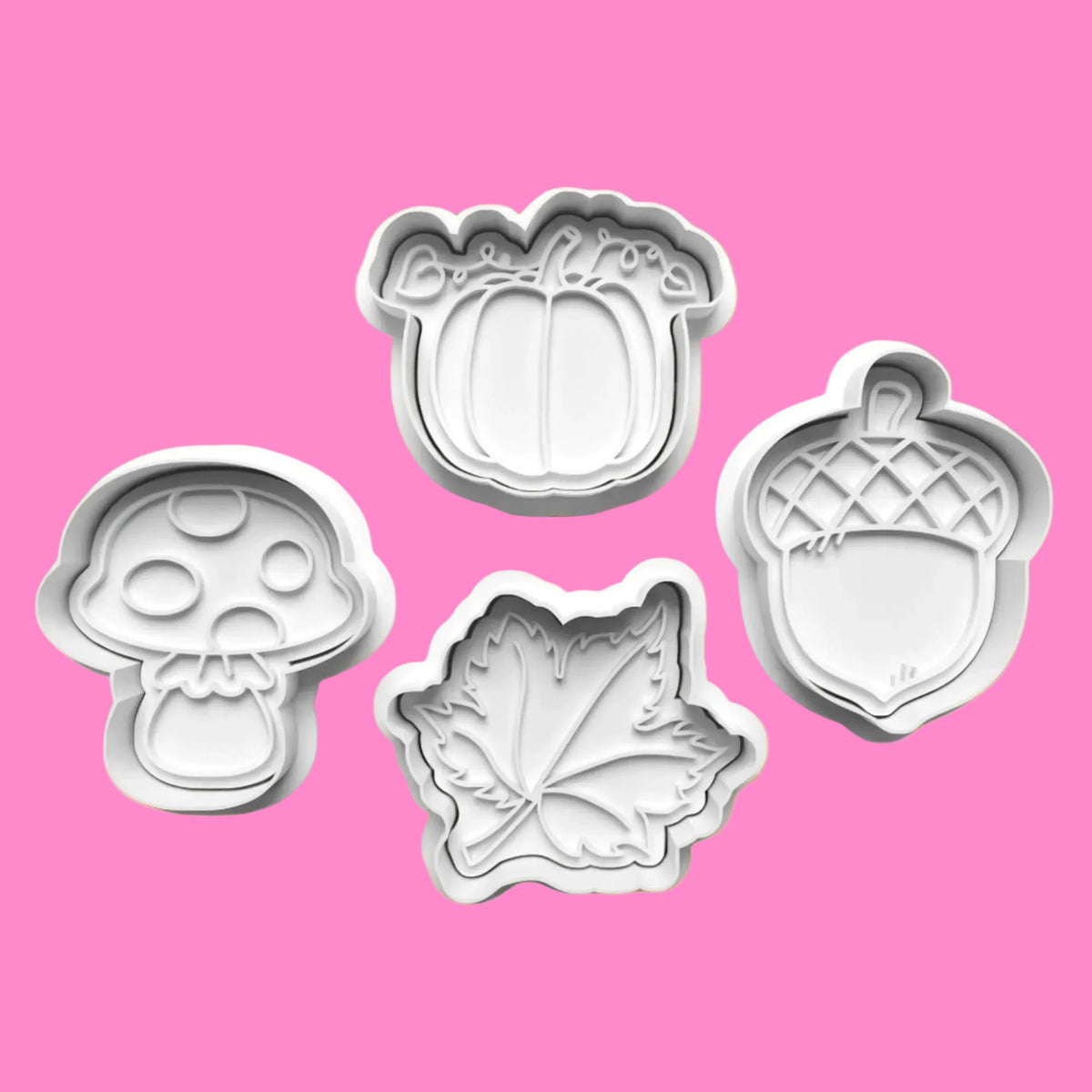 Autumn-Themed Embosser and Cookie Cutter Set – Acorn, Leaf, Toadstool, and Pumpkin Designs.