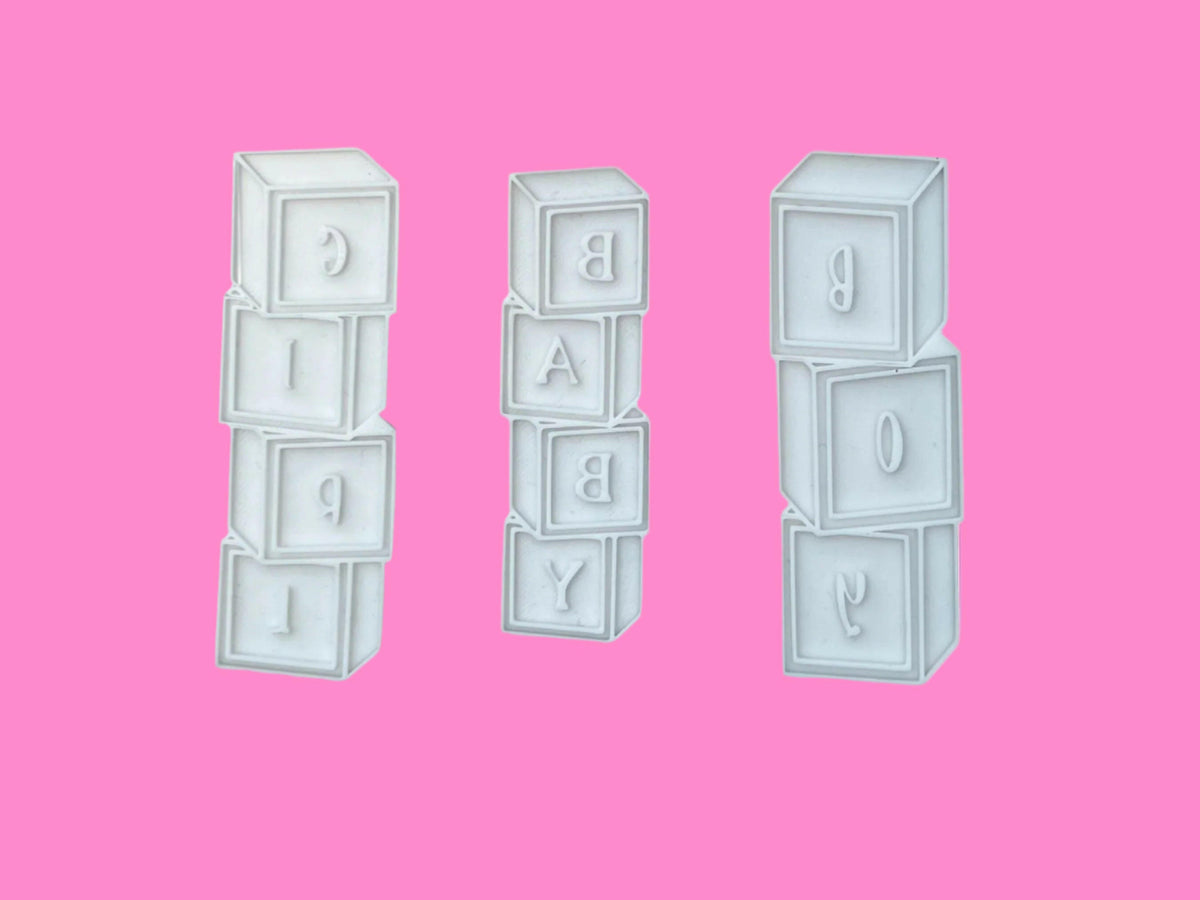 Baby Block Embosser and Cookie Cutter Set – "Baby" "Girl" and "Boy" Designs, 10 cm.