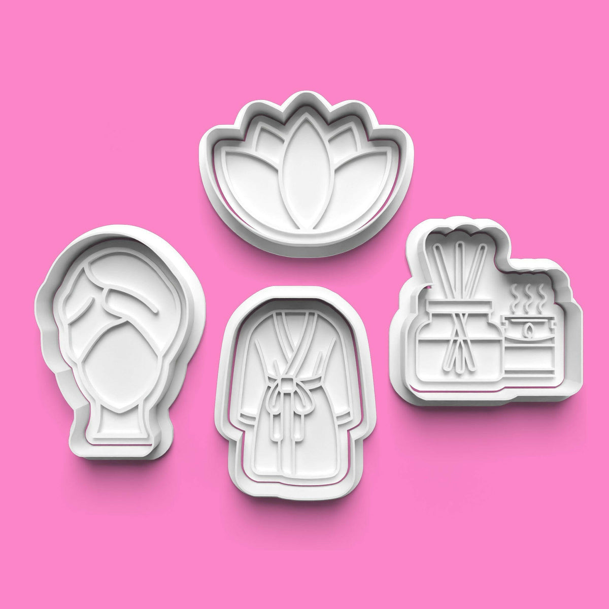 Spa Day Cookie Cutter and Embosser Stamp Set in 7cm or 10cm sizes..