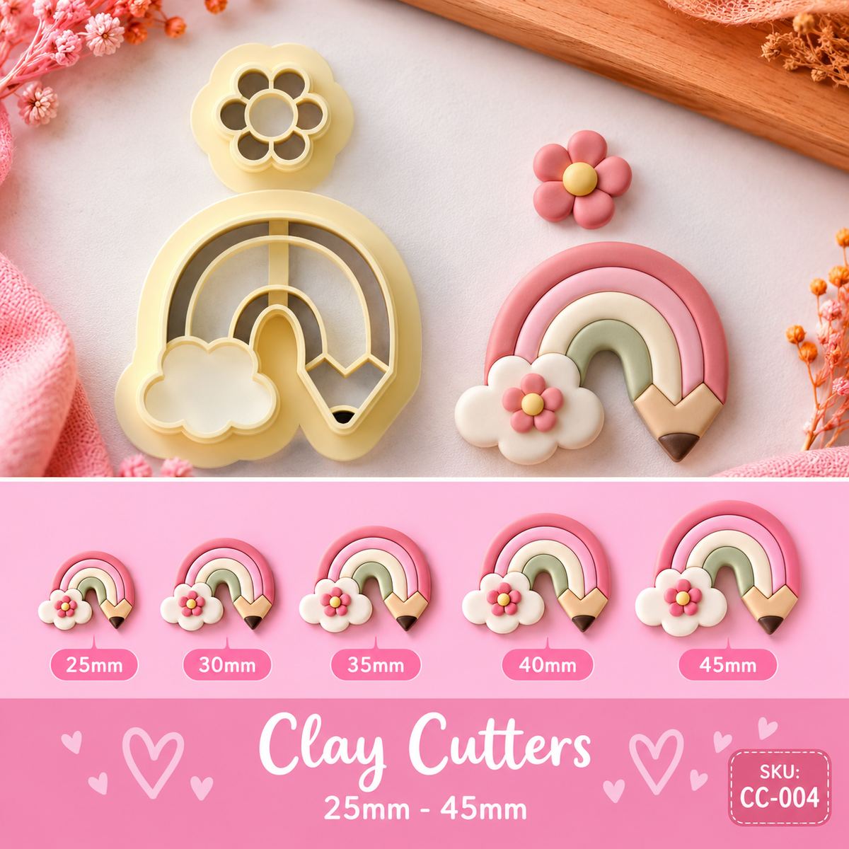 AI-generated decoration inspiration showing finished pastel rainbow, cloud and flower polymer clay shapes.