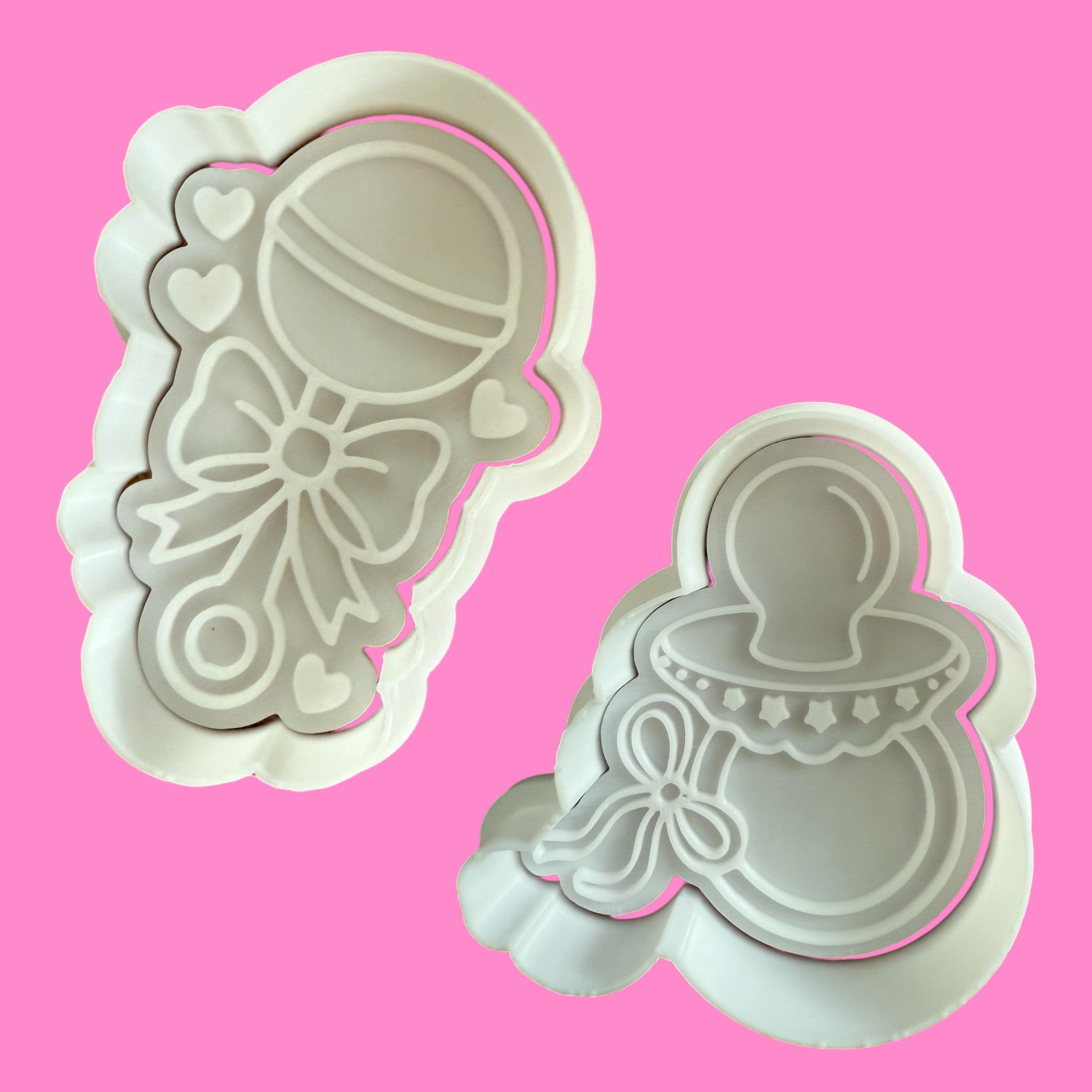 Rattle & Dummy with Ribbon Cookie Cutter & Embosser Set – 2-Piece Baby Shower Collection