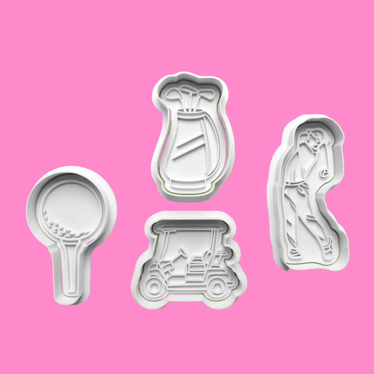 Golf-Themed Embosser and Cookie Cutter Set – Ball on Tee, Golf Cart, Golf Bag with Clubs, and Golfer Designs.