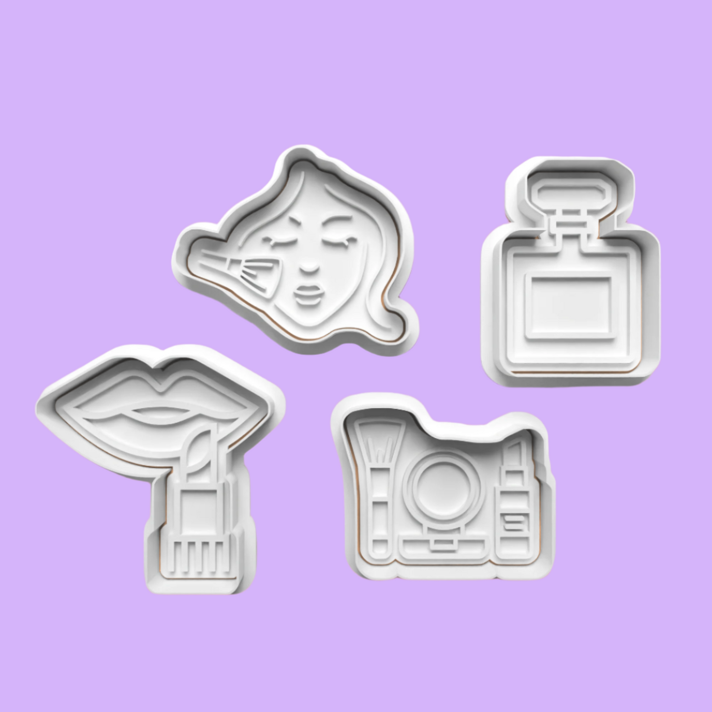 Beauty-Themed Embosser and Cookie Cutter Set – 4-Piece Glamorous Baking Tools.