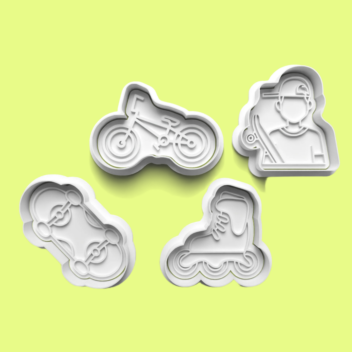 Skateboarder Biker Skater complete Cookie Cutters and Embosser Set. Handmade gift item..