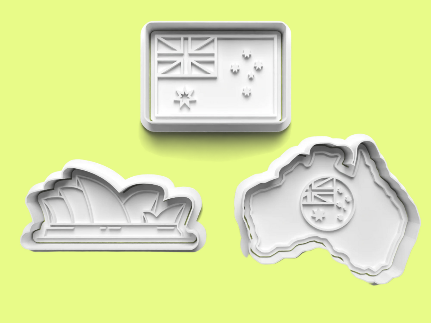 Australia-Themed Embosser and Cookie Cutter Set – Map, Flag, Sydney Opera House Designs.