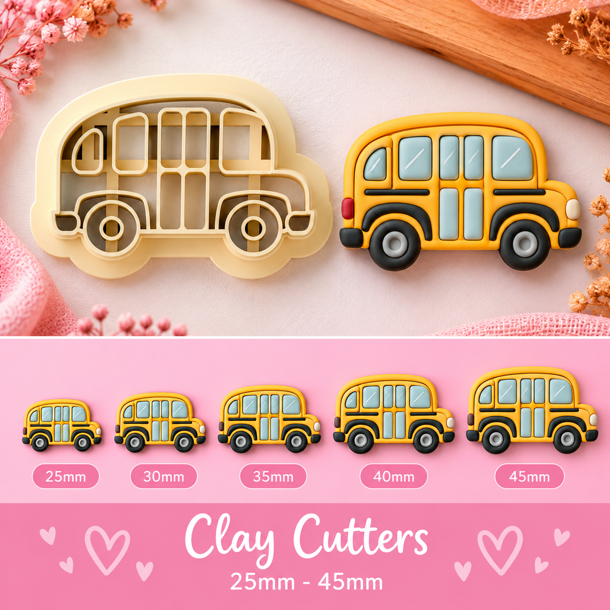 AI-generated example of a finished yellow school bus polymer clay decoration with windows, doors and wheels, showing the intended cutter design.