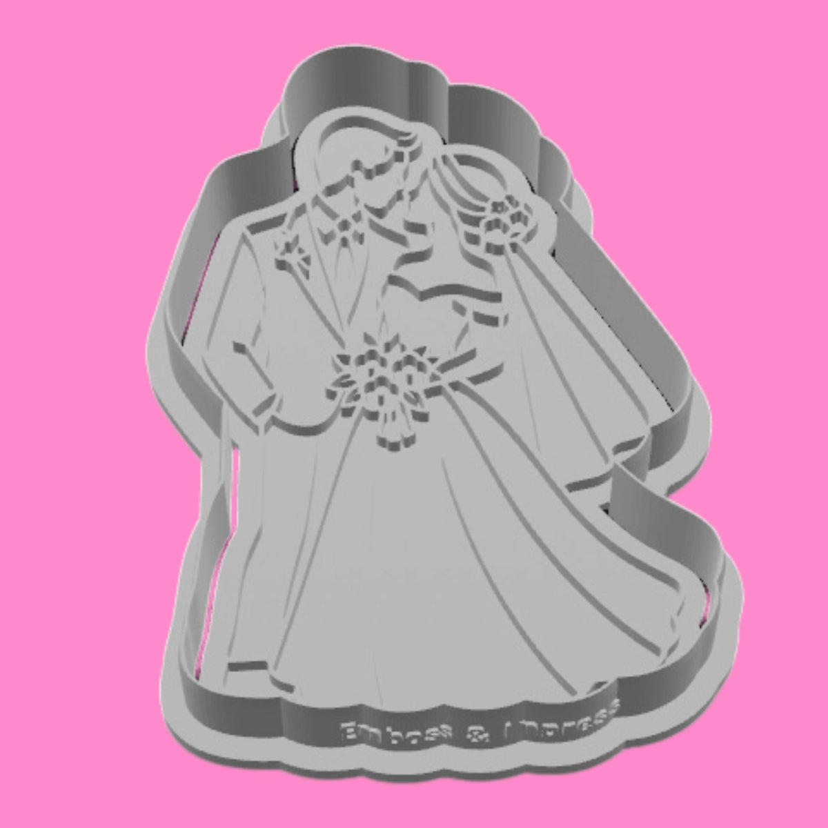 Bride and groom wedding cookie cutter and embosser stamp featuring a kissing newlywed couple, flowing bridal dress and bouquet, available in 8cm and 10cm.