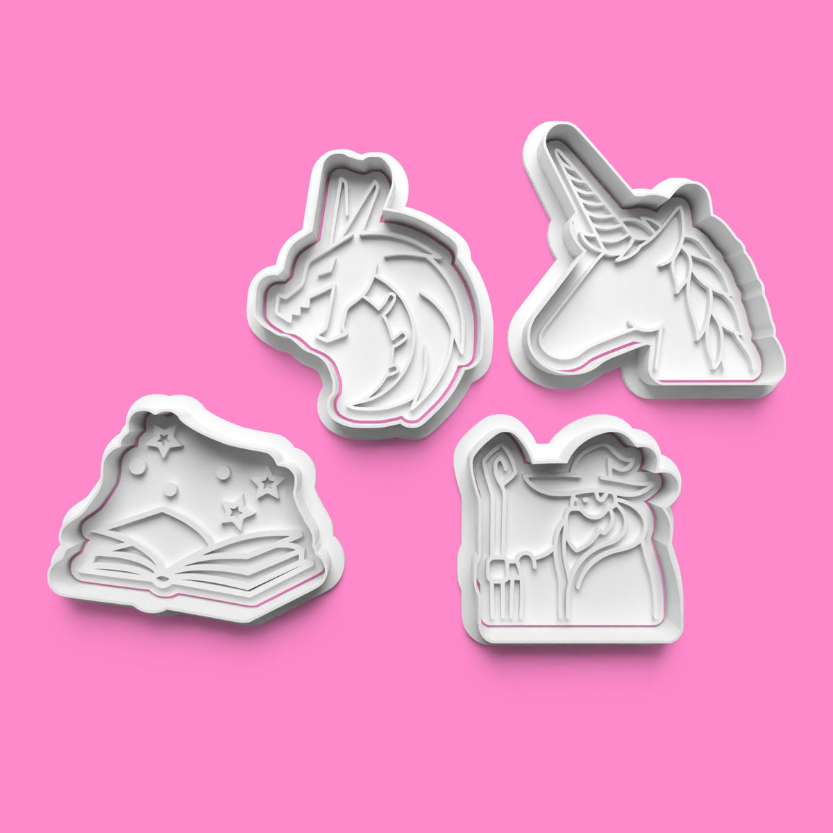 Fairytale Cookie Cutter & Embosser Set – Wizard, Unicorn, Dragon & Spell Book (Set of 4)