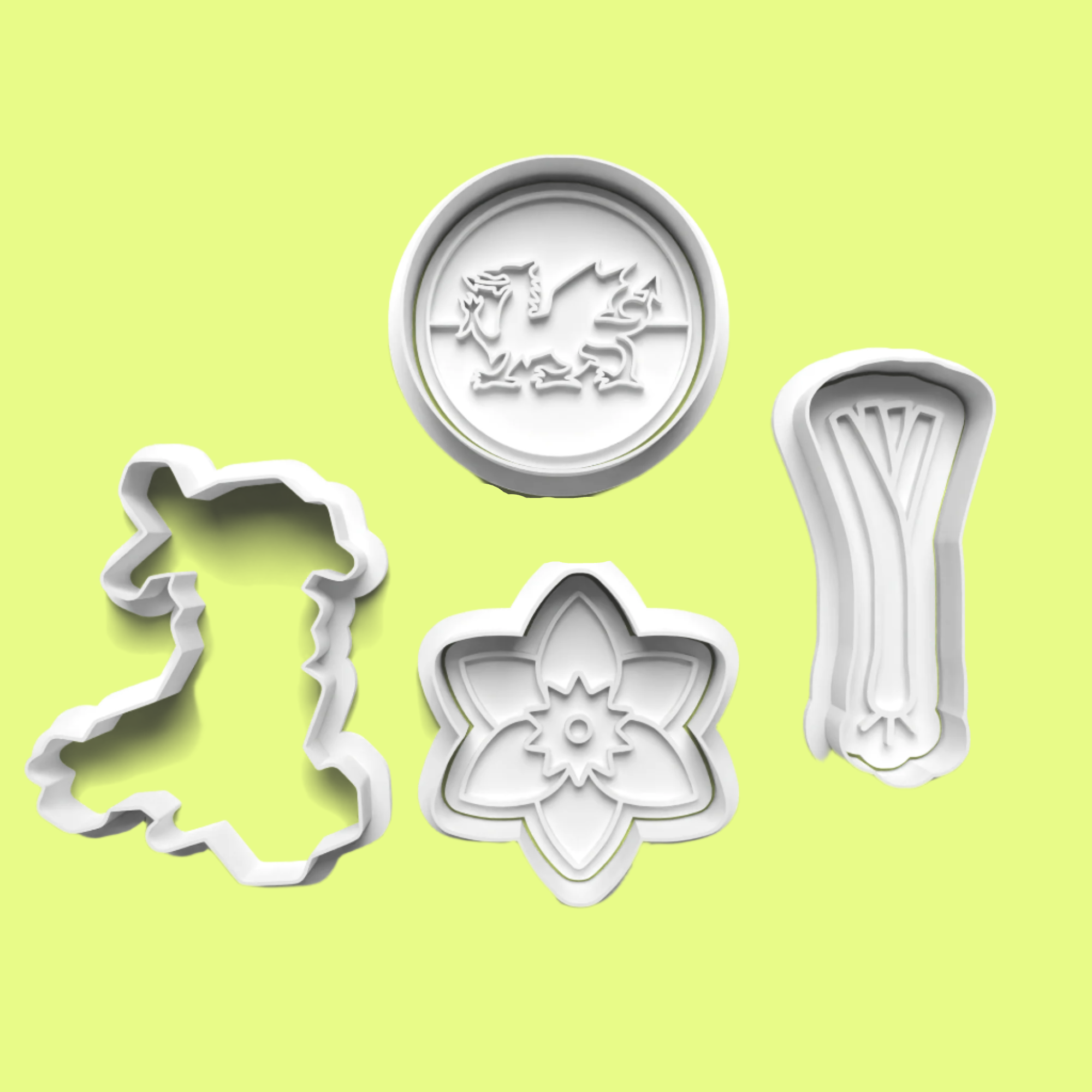 Wales Inspired Cookie Cutter and Embosser Stamp Set of 4 in 7cm or 10cm sizes..
