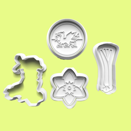 Wales Inspired Cookie Cutter and Embosser Stamp Set of 4 in 7cm or 10cm sizes.