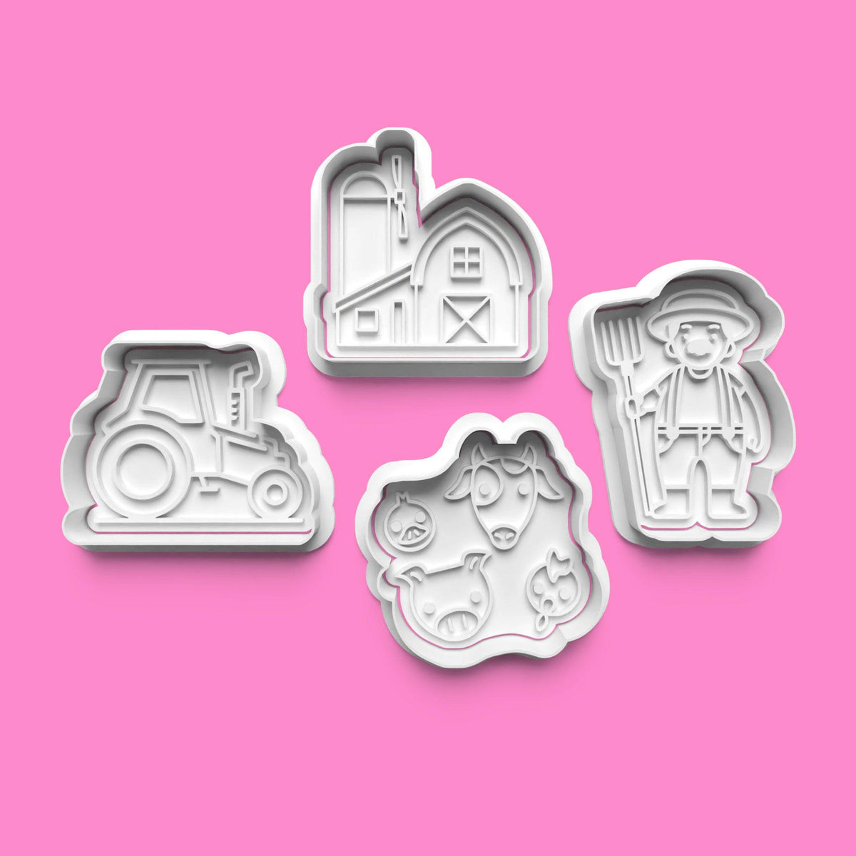 Farm-Themed Cookie Cutter Set – Tractor, Farmer, Barn, and Animal Designs.