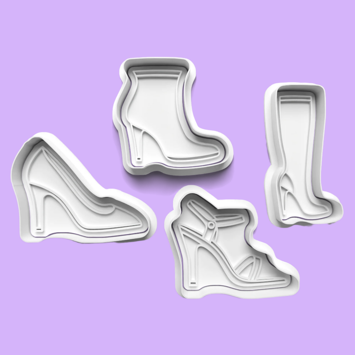 Ladies' Shoe Embosser and Cookie Cutter Set – 4-Piece Fashion-Themed Baking Tools.