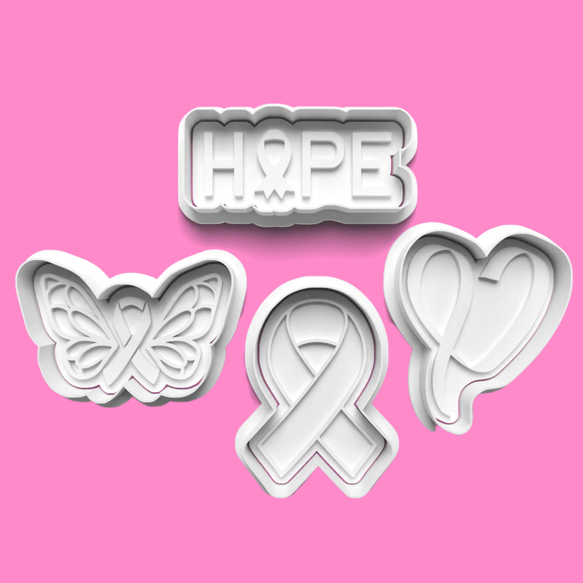 "Support Breast Cancer Awareness with our 4-piece embosser and cookie cutter set. Durable, food-safe, and perfect for creating meaningful, awareness-themed treats. Hand wash only.".