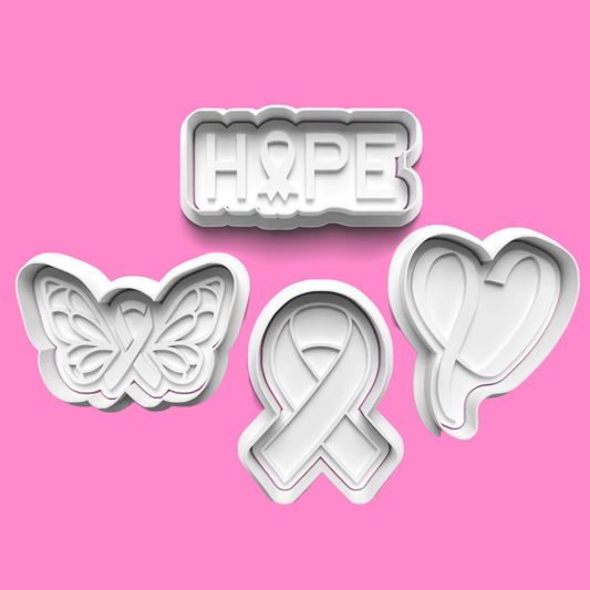 "Support Breast Cancer Awareness with our 4-piece embosser and cookie cutter set. Durable, food-safe, and perfect for creating meaningful, awareness-themed treats. Hand wash only."