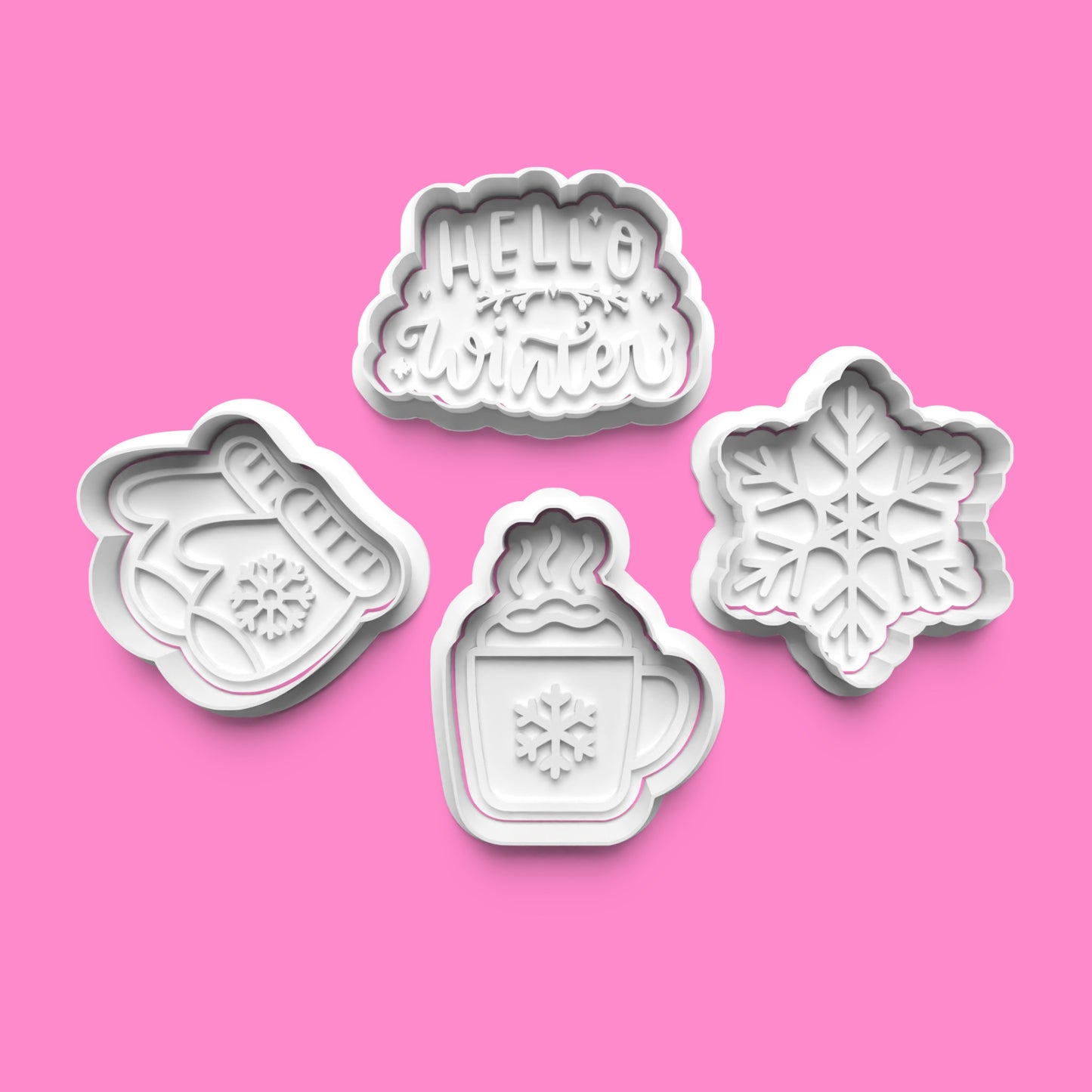 Hello Winter Cookie Cutter Set – Mitten, Mug, Snowflake & Quote (5cm–10cm)