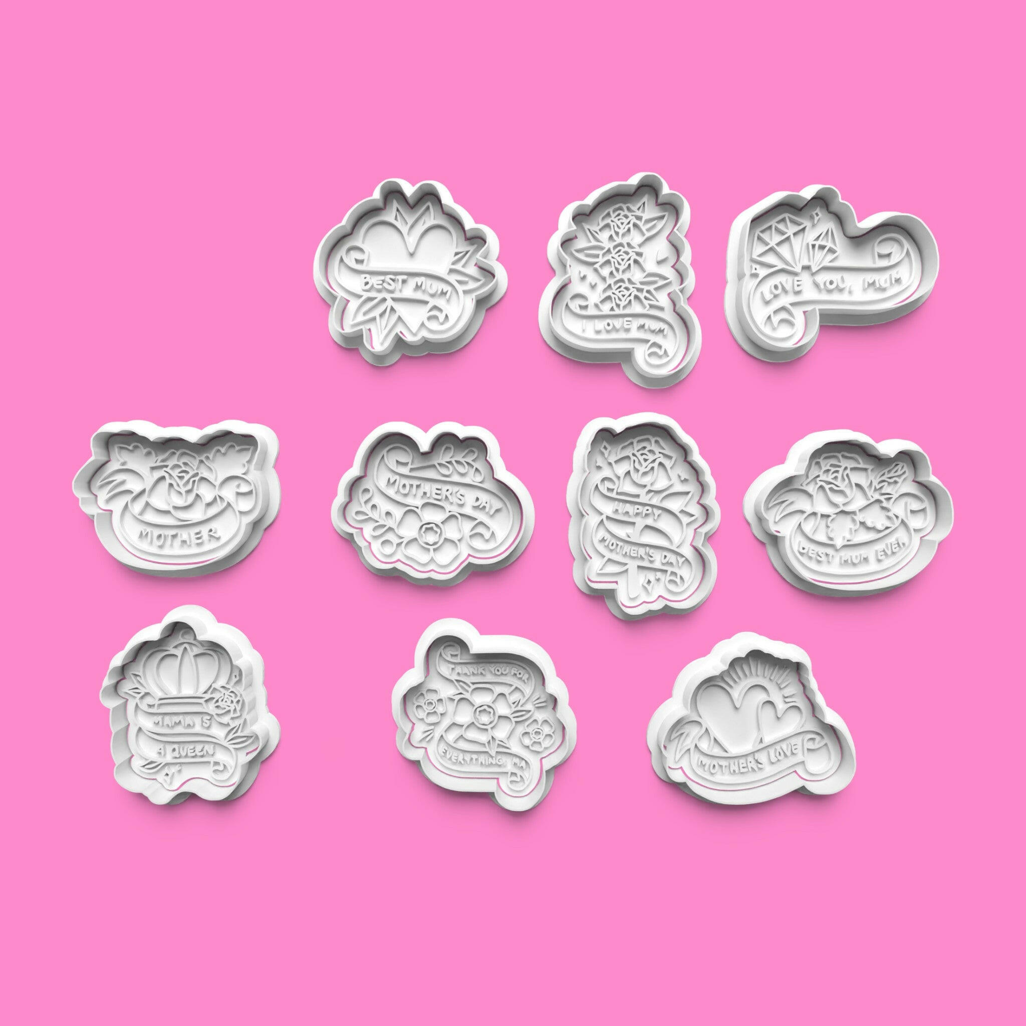 Mother's Day "Love You Mum" Cookie Cutter Set – 10-Piece Heartfelt Baking Tools.