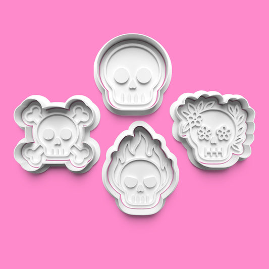 Skull Designs Cookie Cutter & Embosser Stamp Set – Halloween & Gothic Baking Collection