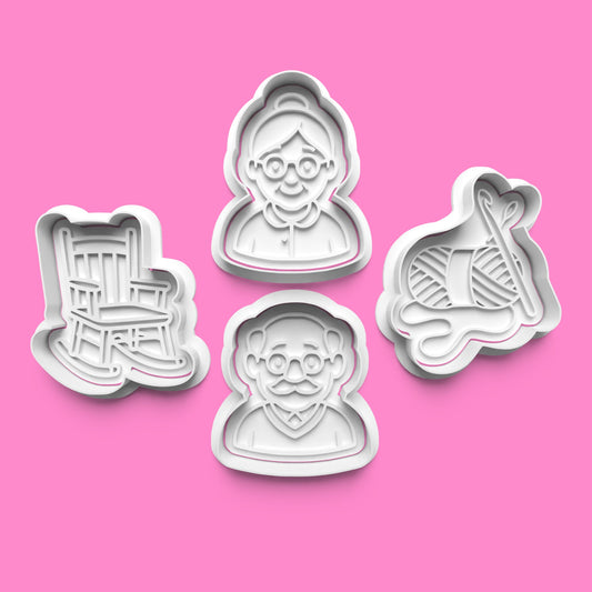 Grandparents Cookie Cutter & Embosser Stamp Set – Grandad, Grandma, Rocking Chair & Knitting