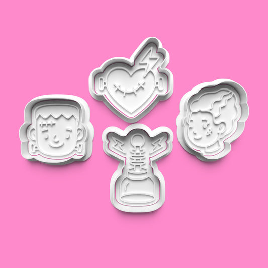 Frankie & Bride Cookie Cutter Set – Frankenstein Halloween Embosser (Set of 4)