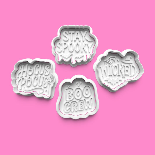 Spooky Sayings Cookie Cutter Set – 4 Halloween Embossers (Wicked, Hocus Pocus, Boo Crew, Stay Spooky)