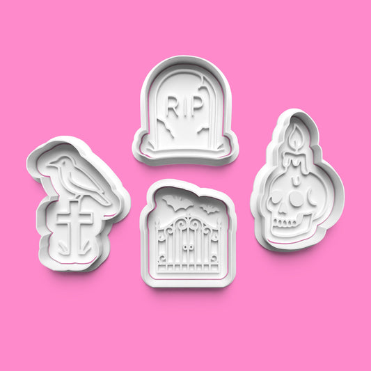 Graveyard Cookie Cutter Set – Spooky RIP, Skull, Raven, and Gates Embossers