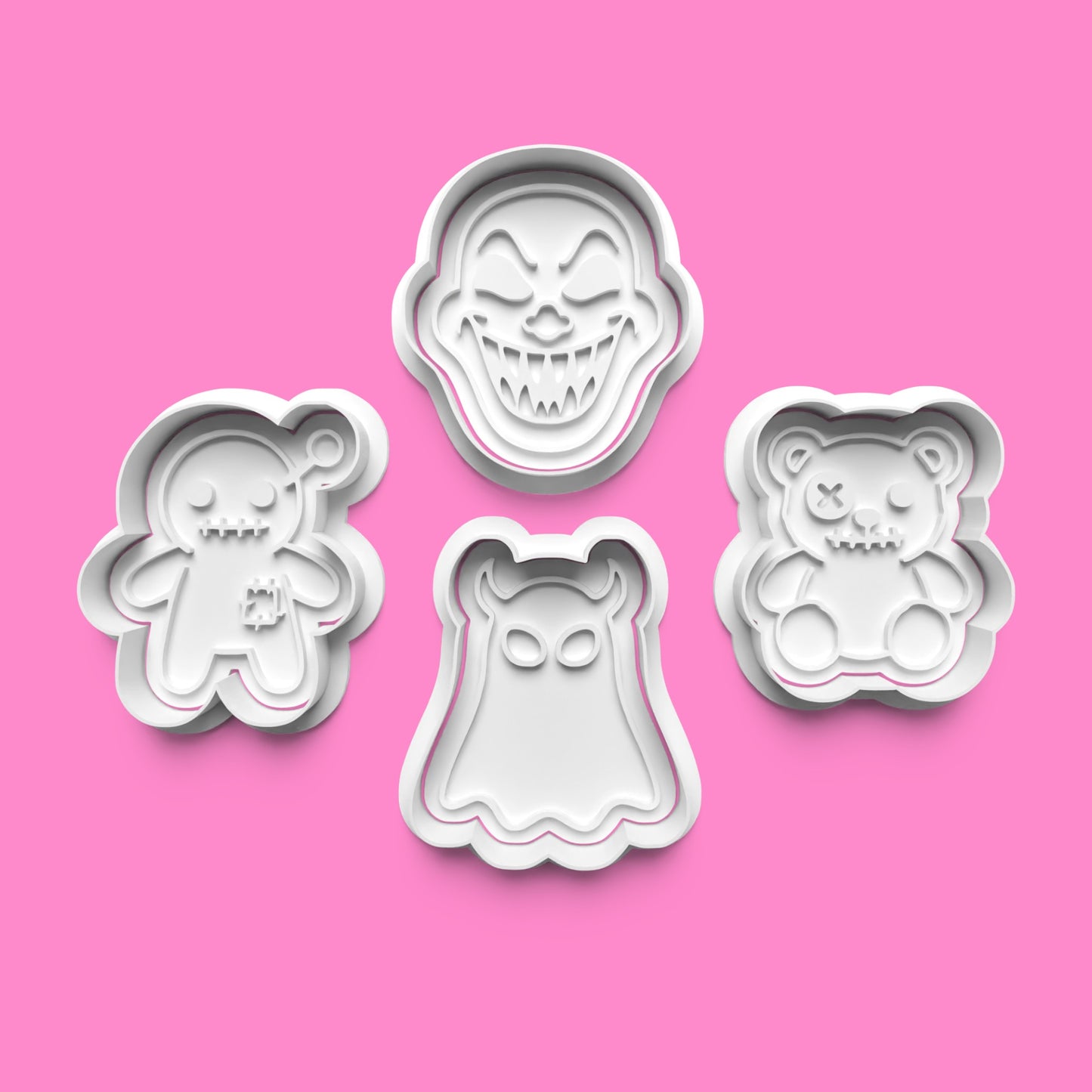 Little Nightmare Dolls Cookie Cutter Set – Creepy Clown, Haunted Teddy, Voodoo & Ghost Embossers